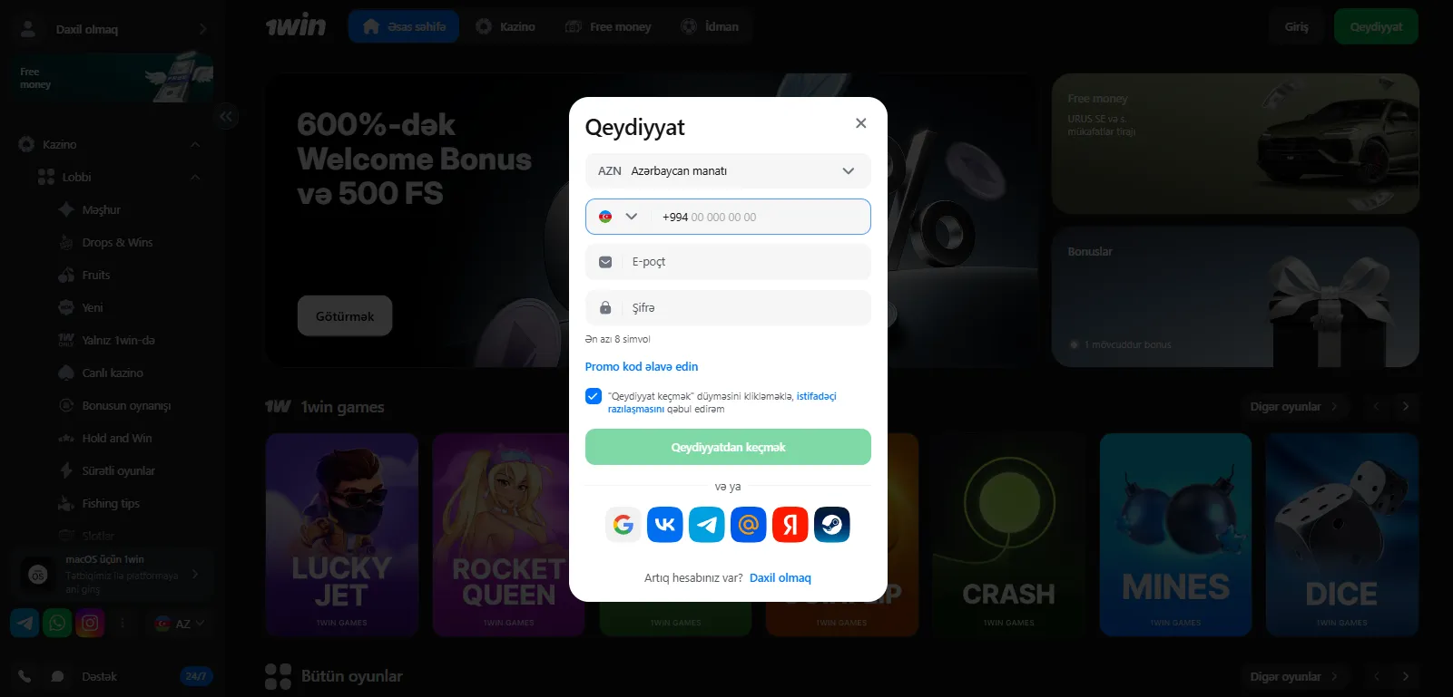 1win qeydiyyat və giriş